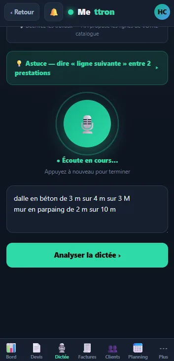 Mettron — dictée IA en cours (mobile)