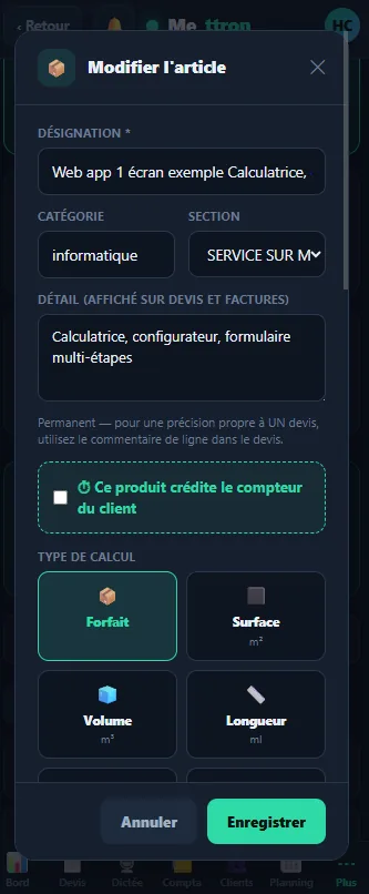 Catalogue — article qui crédite le compteur (mobile)