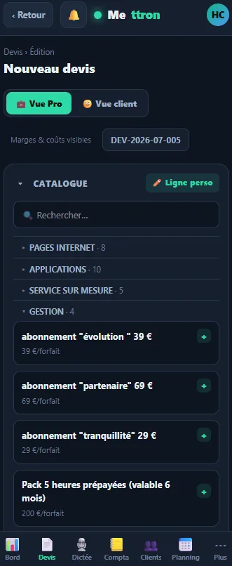 Devis — pack d'heures prépayées (mobile)