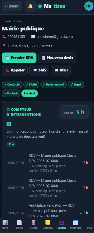 Fiche client — compteur d'interventions et solde (mobile)