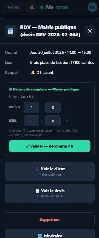Planning — décompte du compteur au rendez-vous (mobile)