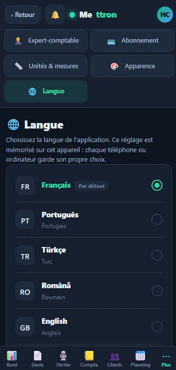 Langues — l'interface en 5 langues, arabe bientôt (mobile)