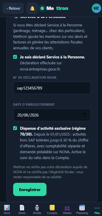 Service à la Personne — déclaration NOVA et régime 70/30 (mobile)