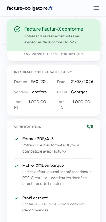Facture Factur-X conforme — validation EN 16931 (mobile)