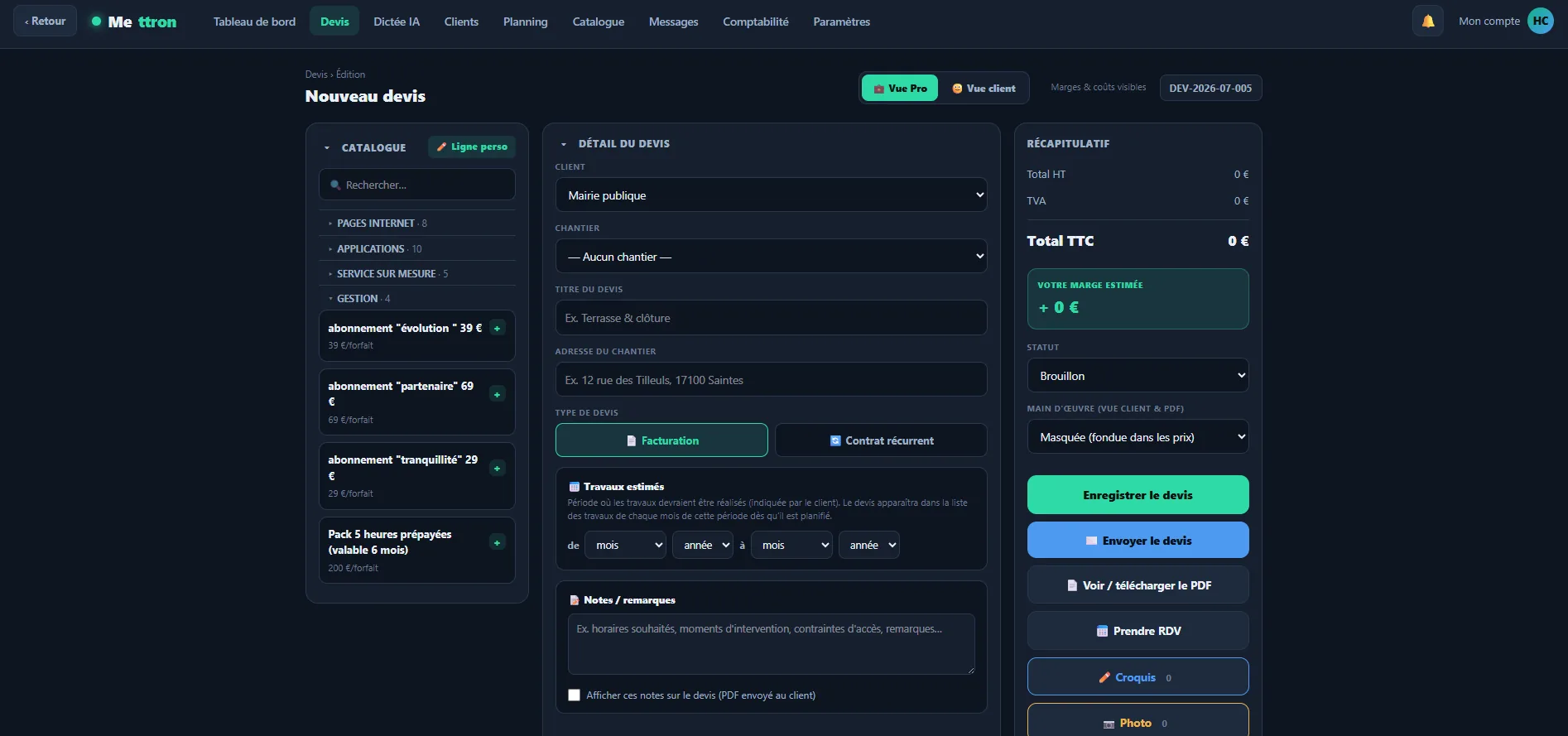 Devis — vente d'un pack d'heures prépayées depuis le catalogue