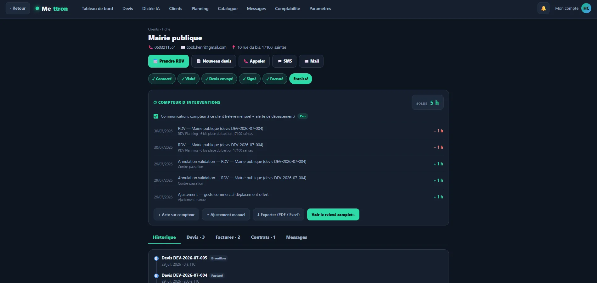 Fiche client — compteur d'interventions, solde et historique des mouvements