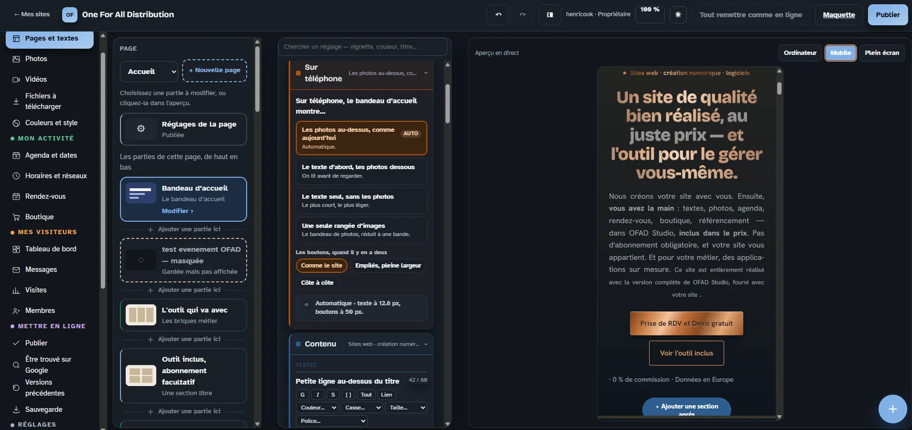 Capture d’écran — Modifications via OFAD Studio (mode sombre)
