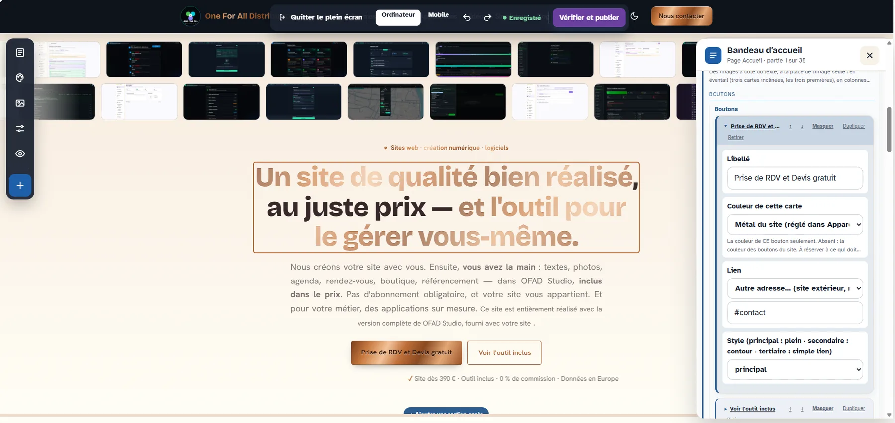 Capture d’écran — Modifications via Plein écran OFAD Studio (mode clair)