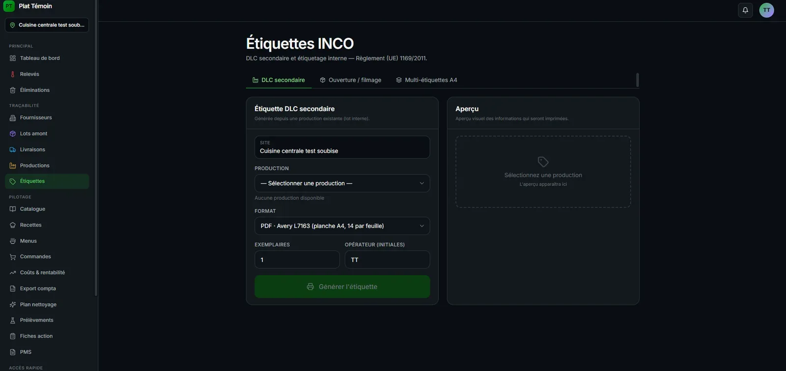 Plat Témoin — Étiquettes INCO : DLC secondaire, ouverture ou filmage, planches A4