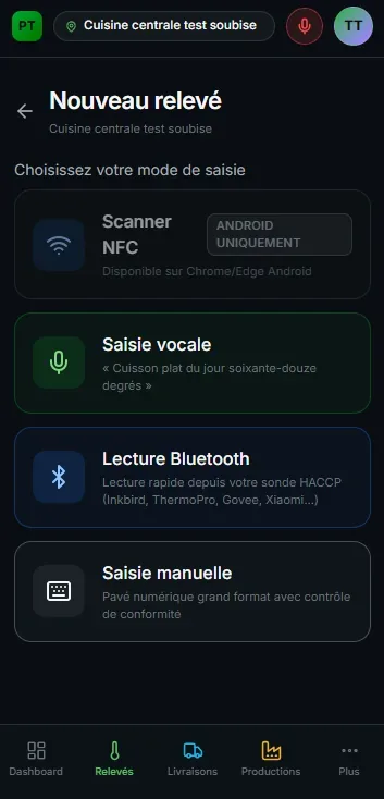 Plat Témoin sur téléphone — nouveau relevé : NFC, voix, Bluetooth ou saisie
