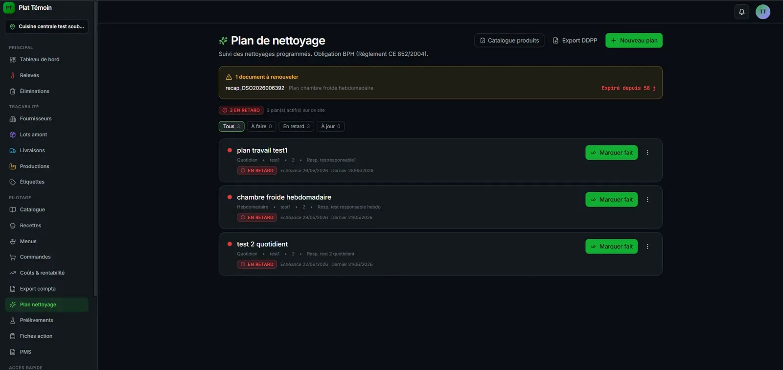 Plat Témoin — Plan de nettoyage : plans en retard, validation, export pour la DDPP