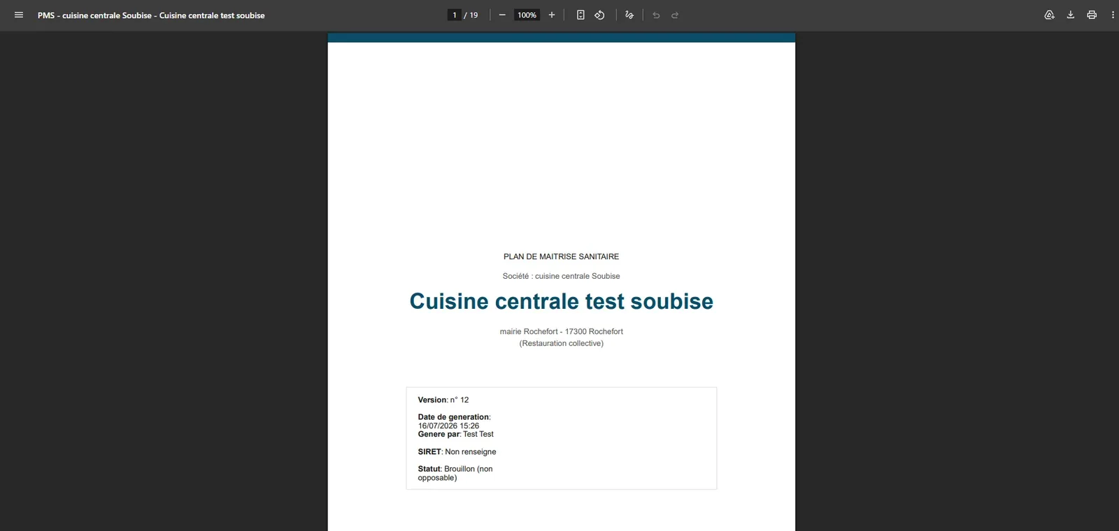 Plat Témoin — Le Plan de Maîtrise Sanitaire généré en PDF, prêt pour un contrôle
